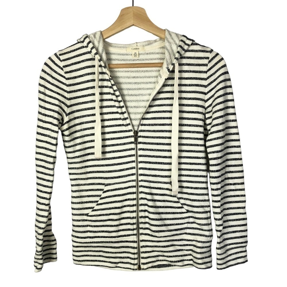 Caslon Petite White & Blue Stripe Full Zip Hoodie‎ Sweatshirt XSP